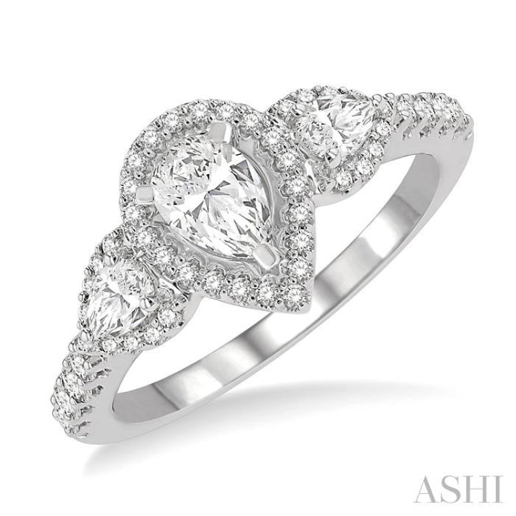 1 Ctw Past Present and Future Round Cut Diamond Engagement Ring With 3/8 Ct Pear Cut Center Stone in 14K White Gold