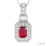 6x4 MM Octagon Cut Ruby and 1/4 Ctw Round and Baguette Cut Diamond Pendant in 14K White Gold with Chain