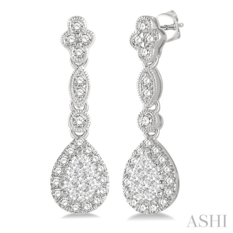 5/8 ctw Pear Shape Halo Lovebright Round Cut Diamond Earrings in 14K White Gold