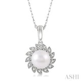 1/10 ctw Sunflower 7x7MM Pearl and Round Cut Diamond Pendant With Chain in 10K White Gold