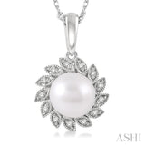 1/10 ctw Sunflower 7x7MM Pearl and Round Cut Diamond Pendant With Chain in 10K White Gold