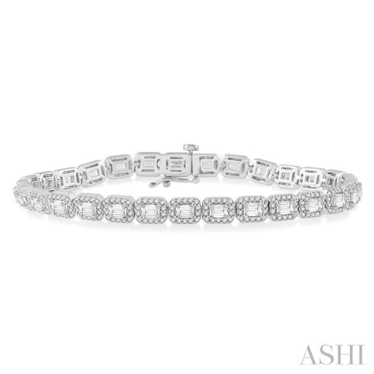6 ctw Emerald & Round Cut Diamond Halo Tennis Bracelet in 14K White Gold