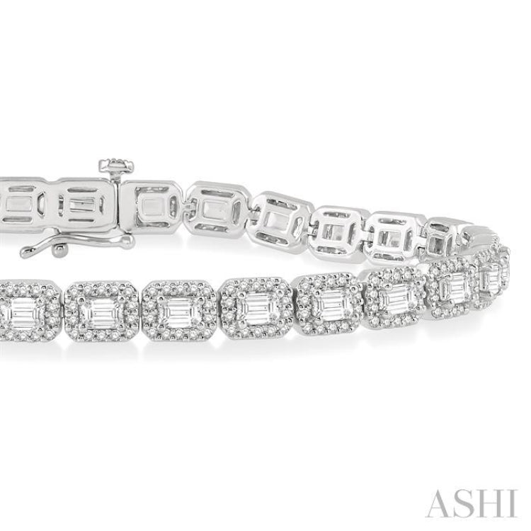 6 ctw Emerald & Round Cut Diamond Halo Tennis Bracelet in 14K White Gold