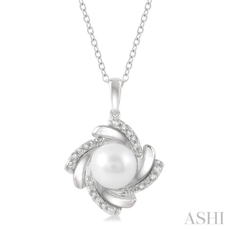 1/50 ctw Swirl Round Cut Diamond & 7x7MM White Pearl Pendant With Chain in Silver