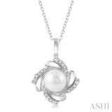 1/50 ctw Swirl Round Cut Diamond & 7x7MM White Pearl Pendant With Chain in Silver