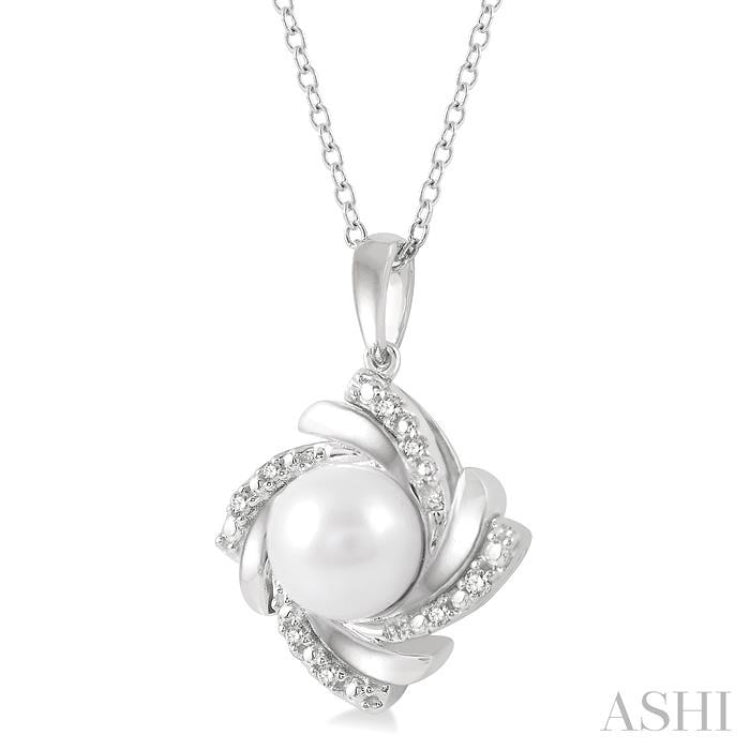 1/50 ctw Swirl Round Cut Diamond & 7x7MM White Pearl Pendant With Chain in Silver