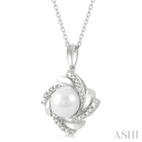 1/50 ctw Swirl Round Cut Diamond & 7x7MM White Pearl Pendant With Chain in Silver