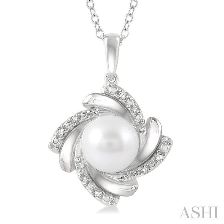 1/50 ctw Swirl Round Cut Diamond & 7x7MM White Pearl Pendant With Chain in Silver