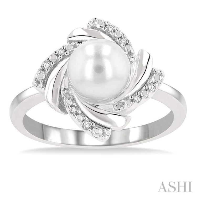 1/50 ctw Swirl Round Cut Diamond & 7x7MM White Pearl Ring in Silver