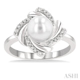 1/50 ctw Swirl Round Cut Diamond & 7x7MM White Pearl Ring in Silver