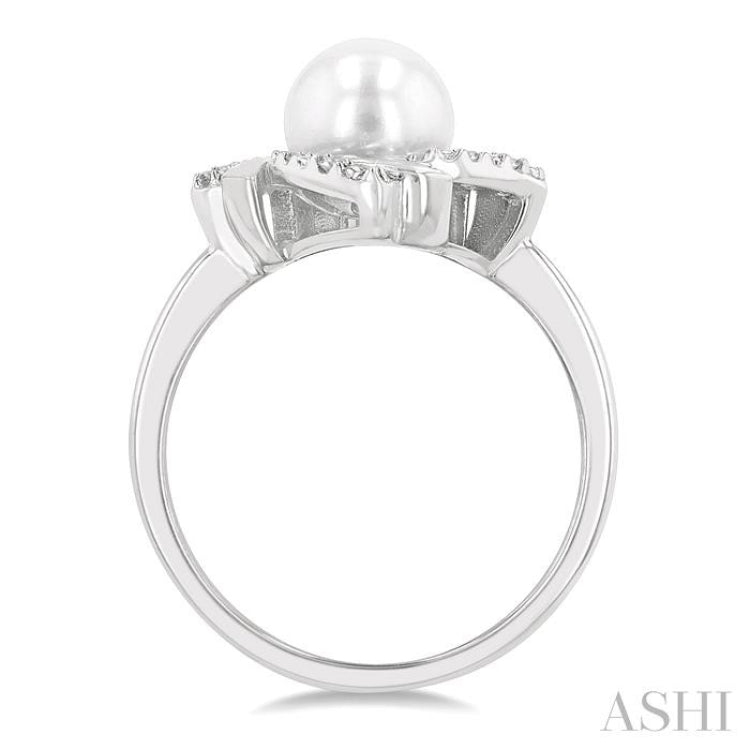 1/50 ctw Swirl Round Cut Diamond & 7x7MM White Pearl Ring in Silver