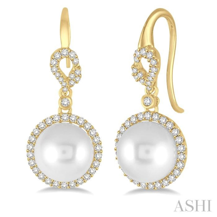 10 MM Cultured Pearls and 5/8 ctw Round Cut Diamond Earrings in 14K Yellow Gold