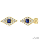2.0 MM Round Cut Sapphire and 1/10 Ctw Evil Eye Round Cut Diamond Precious Petite Fashion Earrings in 10K Yellow Gold