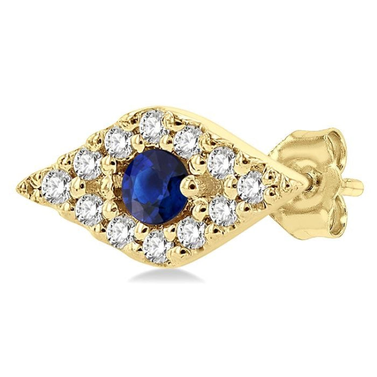 1/10 ctw Evil Eye Round Cut Diamond & 2.0MM Round Cut Sapphire Precious Petite Fashion Earring in 10K Yellow Gold