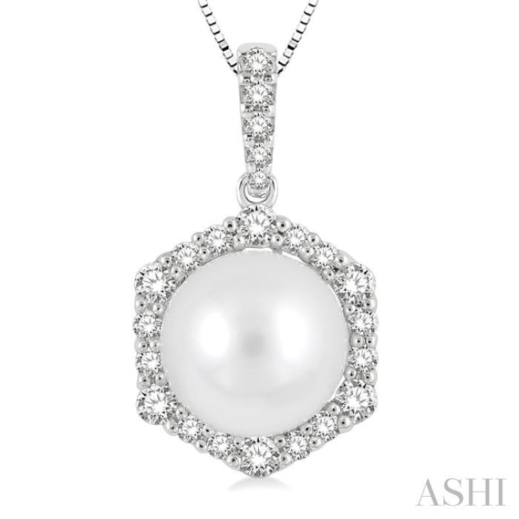 8X8MM Pearl and 1/3 Ctw Hexagon Shape Round Cut Diamond Pendant With Chain in 14K White Gold