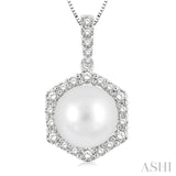 8X8MM Pearl and 1/3 Ctw Hexagon Shape Round Cut Diamond Pendant With Chain in 14K White Gold