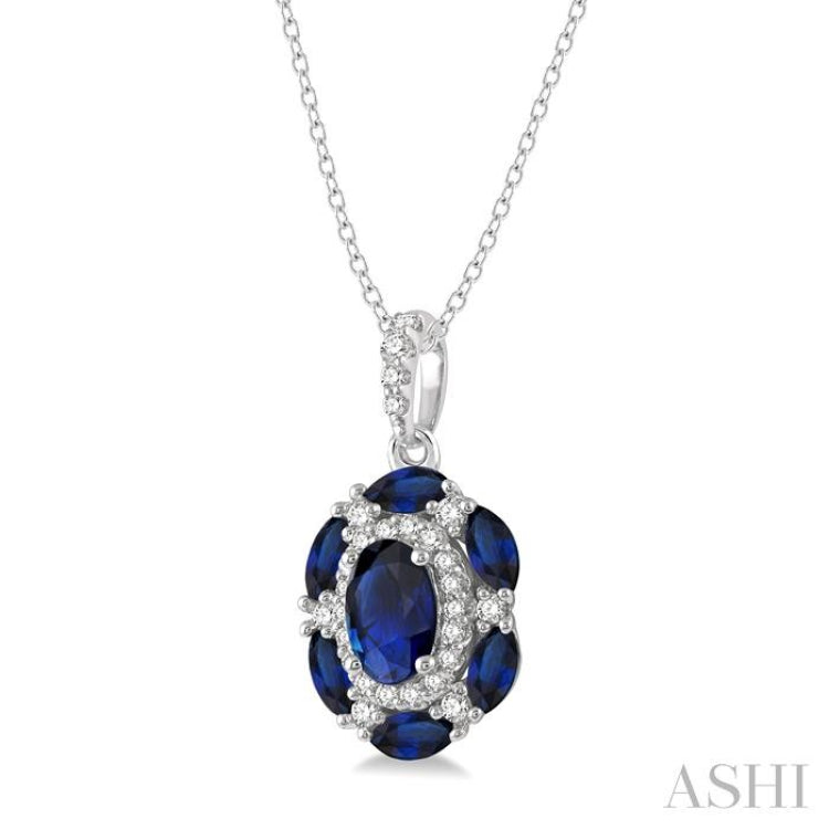 1/6 ctw Oval 6x4MM & Marquise 4x2MM Sapphire and Round Cut Diamond Precious Pendant With Chain in 14K White Gold