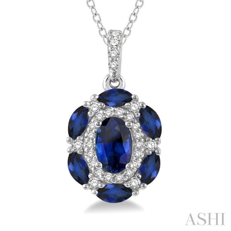 1/6 ctw Oval 6x4MM & Marquise 4x2MM Sapphire and Round Cut Diamond Precious Pendant With Chain in 14K White Gold