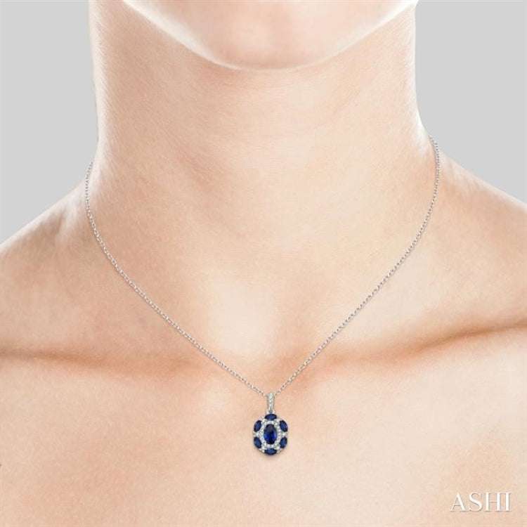 1/6 ctw Oval 6x4MM & Marquise 4x2MM Sapphire and Round Cut Diamond Precious Pendant With Chain in 14K White Gold