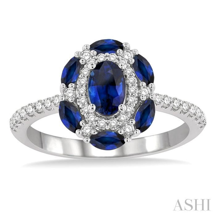 1/3 ctw Oval 6x4MM & Marquise 4X2MM Sapphire and Round Cut Diamond Precious Ring in 14K White Gold