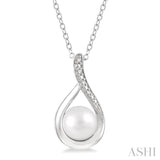 1/50 ctw Drop Shape Round Cut Diamond & 7x7MM White Pearl Pendant With Chain in Silver