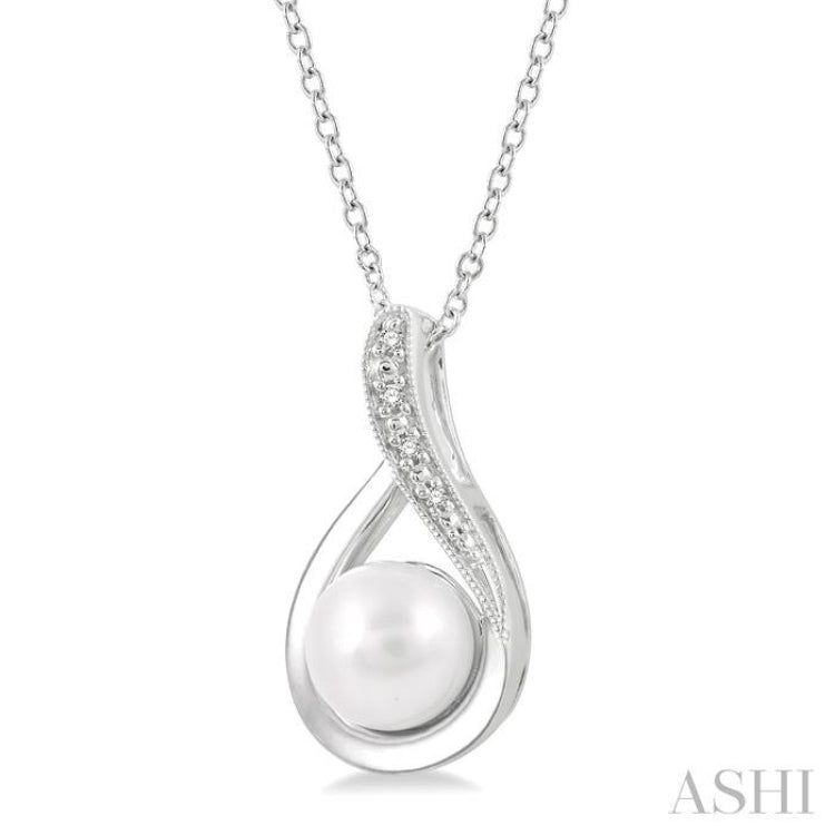 1/50 ctw Drop Shape Round Cut Diamond & 7x7MM White Pearl Pendant With Chain in Silver