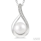 1/50 ctw Drop Shape Round Cut Diamond & 7x7MM White Pearl Pendant With Chain in Silver