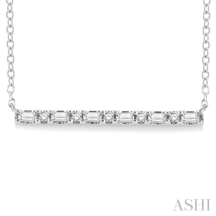 1/6 ctw Baguette and Round Cut Diamond Petite Bar Necklace in 10K White Gold
