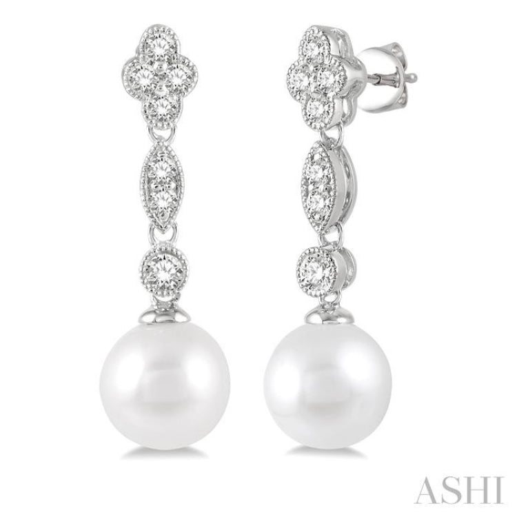 7X7MM Pearl and 1/3 Ctw Round Cut Diamond Drop Earrings in 14K White Gold