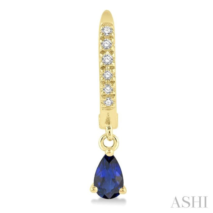 5x3 MM Pear Cut Sapphire and 1/8 Ctw Round Cut Diamond Petite Fashion Huggie Earrings in 14K Yellow Gold