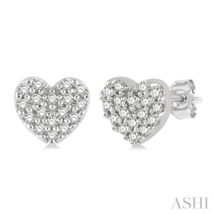 1/10 Ctw Heart Charm Round Cut Diamond Petite Fashion Earrings in 14K White Gold