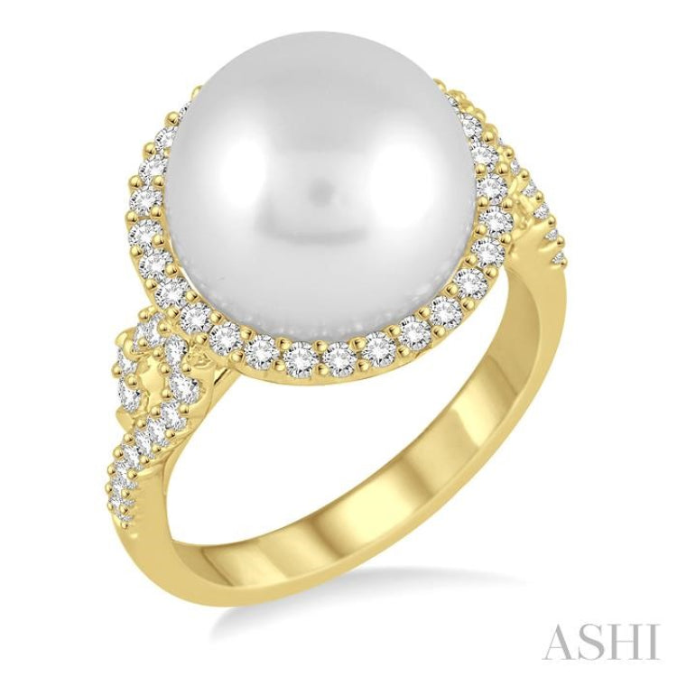 12 MM Cultured Pearl and 5/8 ctw Round Cut Diamond Ring in 14K Yellow Gold