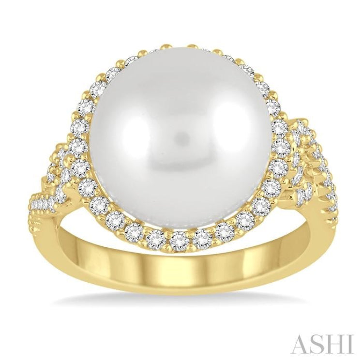 12 MM Cultured Pearl and 5/8 ctw Round Cut Diamond Ring in 14K Yellow Gold
