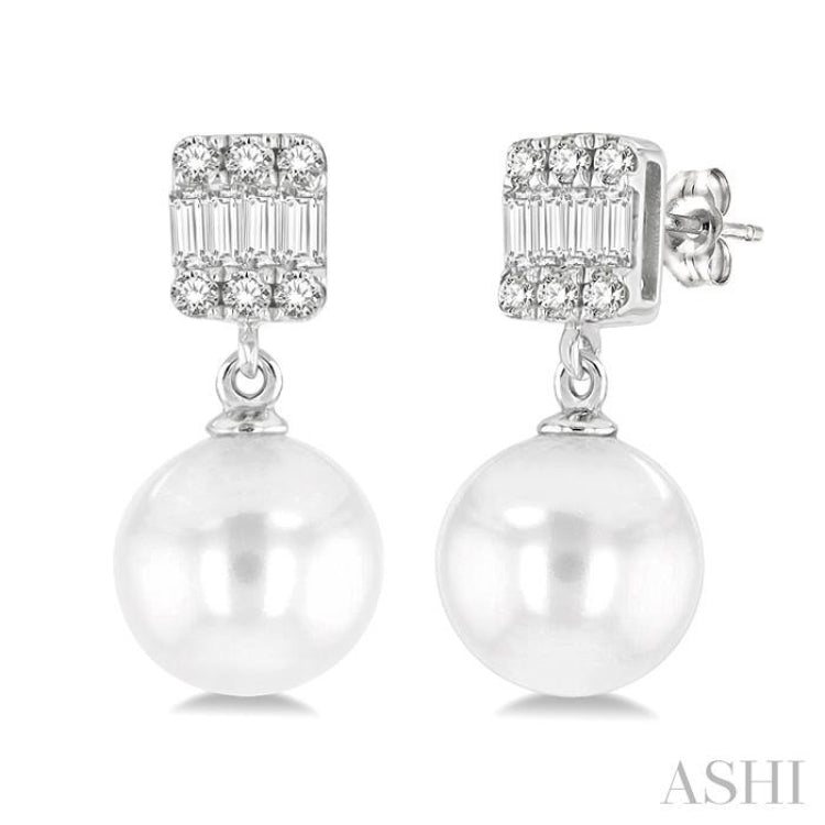 1/10 ctw 6x6MM Pearl, Baguette and Round Cut Diamond Earring in 14K White Gold