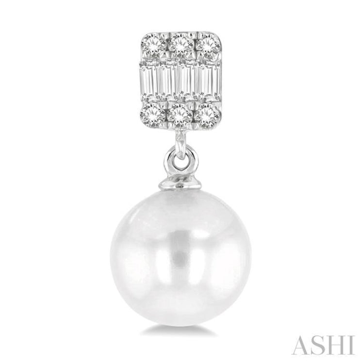 1/10 ctw 6x6MM Pearl, Baguette and Round Cut Diamond Earring in 14K White Gold