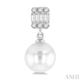 1/10 ctw 6x6MM Pearl, Baguette and Round Cut Diamond Earring in 14K White Gold