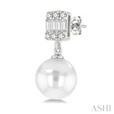 1/10 ctw 6x6MM Pearl, Baguette and Round Cut Diamond Earring in 14K White Gold