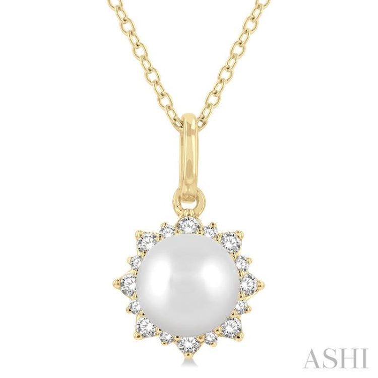 6 MM Round Shape Cultured Pearl and 1/10 ctw Petite Sun Round Cut Diamond Fashion Pendant With Chain in 10K Yellow Gold