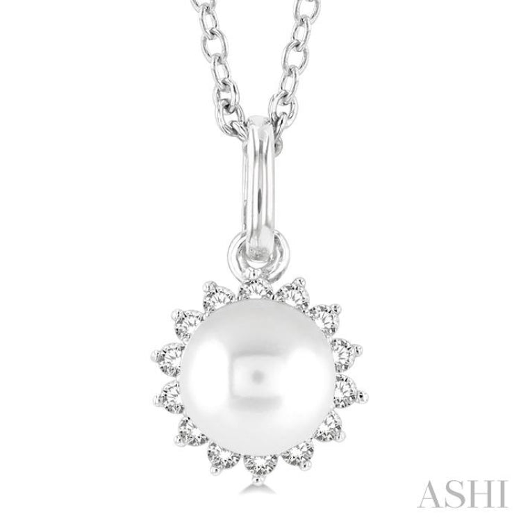 6 MM Round Shape Cultured Pearl and 1/10 ctw Petite Round Cut Diamond Fashion Pendant With Chain in 10K White Gold