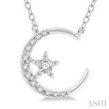1/10 ctw Crescent Moon and Star Round Cut Petite Diamond Fashion Pendant With Chain in 10K White Gold