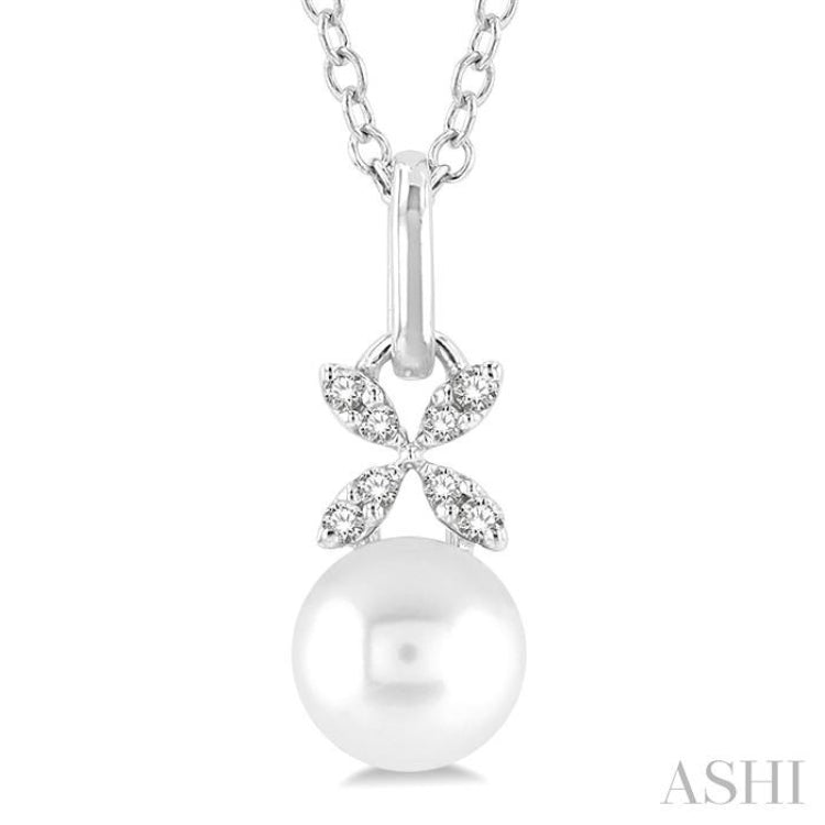 6 MM Round Shape Cultured Pearl and 1/50 ctw Petite Floral Round Cut Diamond Fashion Pendant With Chain in 10K White Gold