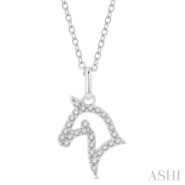 1/10 ctw Horse Head Petite Round Cut Diamond Fashion Pendant With Chain in 10K White Gold