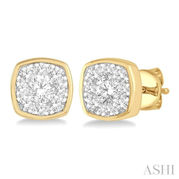 1/2 Ctw Cushion Shape Round Cut Diamond Lovebright Bezel Stud Earrings in 14K Yellow and White Gold