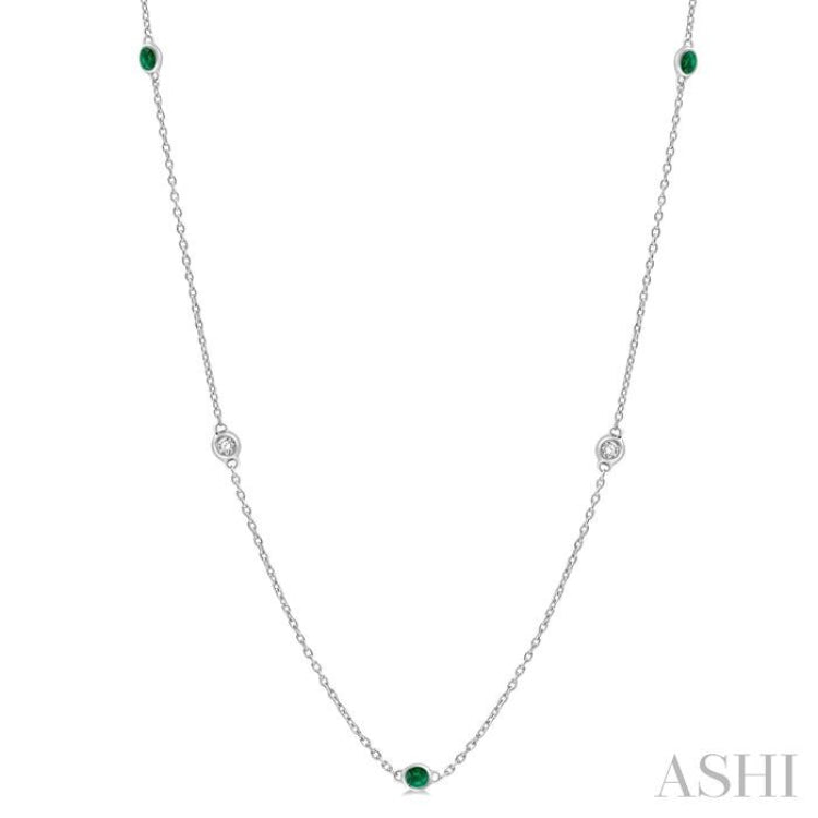 1.75 MM Emerald and 1/6 ctw Round Cut Diamond Precious Station Necklace in 14K White Gold