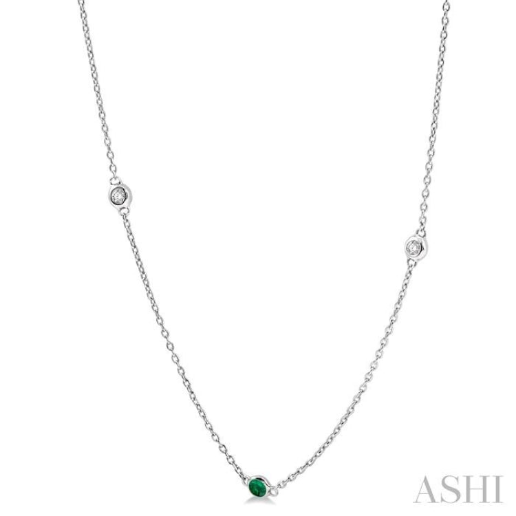 1.75 MM Emerald and 1/6 ctw Round Cut Diamond Precious Station Necklace in 14K White Gold