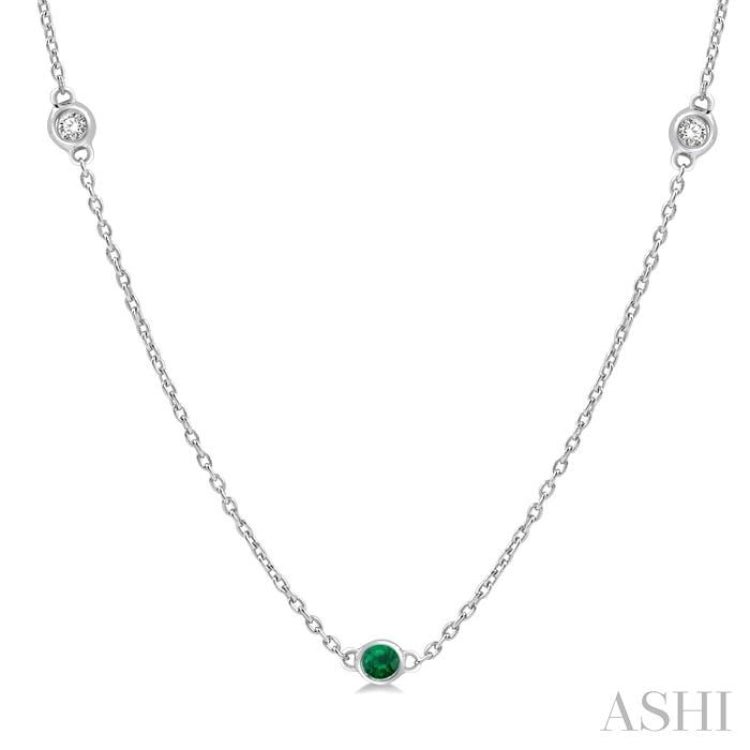 1.75 MM Emerald and 1/6 ctw Round Cut Diamond Precious Station Necklace in 14K White Gold