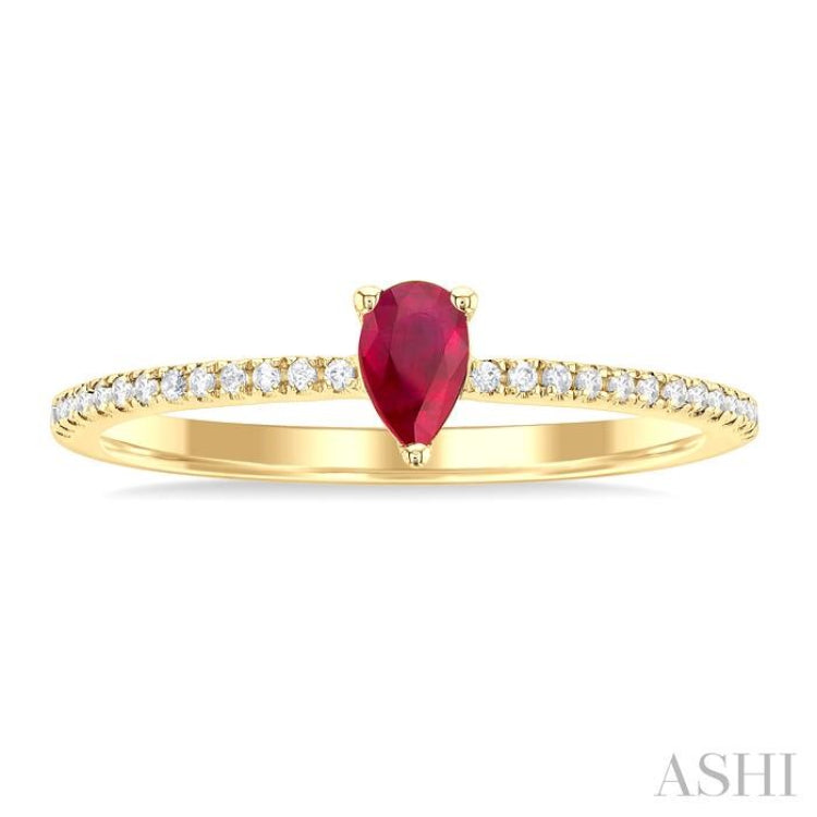 5x3 MM Pear Cut Ruby and 1/10 ctw Petite Round Cut Diamond Precious Fashion Ring in 10K Yellow Gold