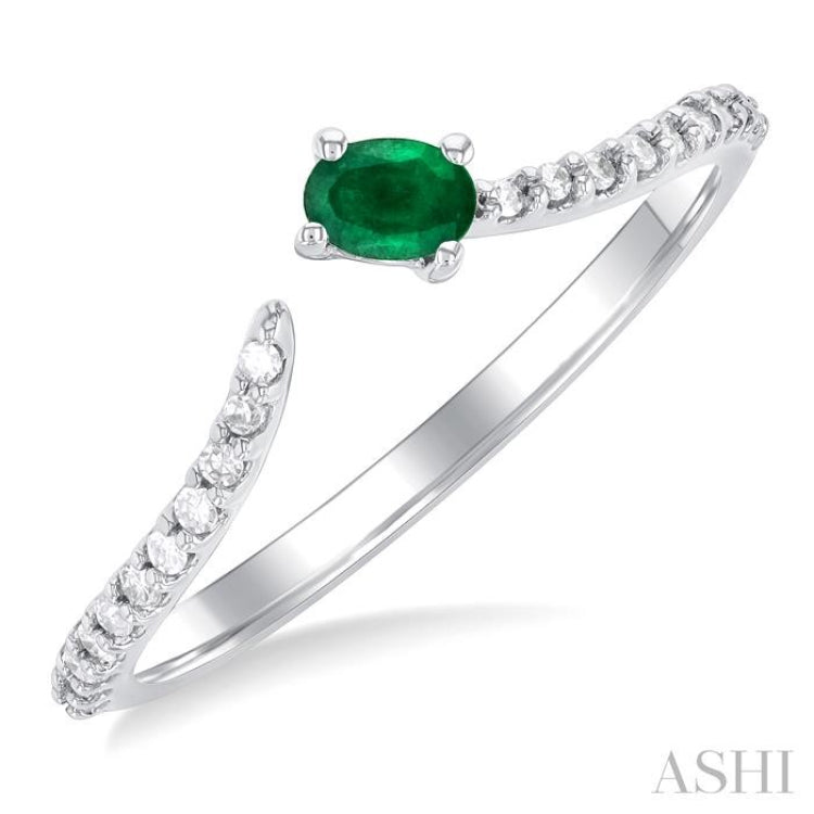 4X3 MM Oval Cut Emerald and 1/10 ctw Petite Round Cut Diamond Precious Fashion Ring in 10K White Gold