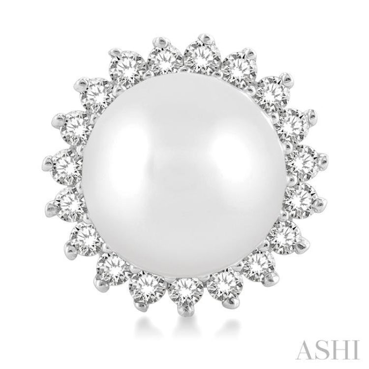 5.5 MM Round Shape Cultured Pearls and 1/6 Ctw Petite Sunflower Round Cut Diamond Fashion Stud Earrings in 10K White Gold