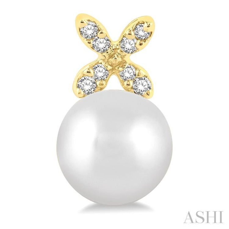 5.5 MM Round Shape Cultured Pearls and 1/20 ctw Petite 4-Petal Flower Round Cut Diamond Fashion Stud Earring in 10K Yellow Gold